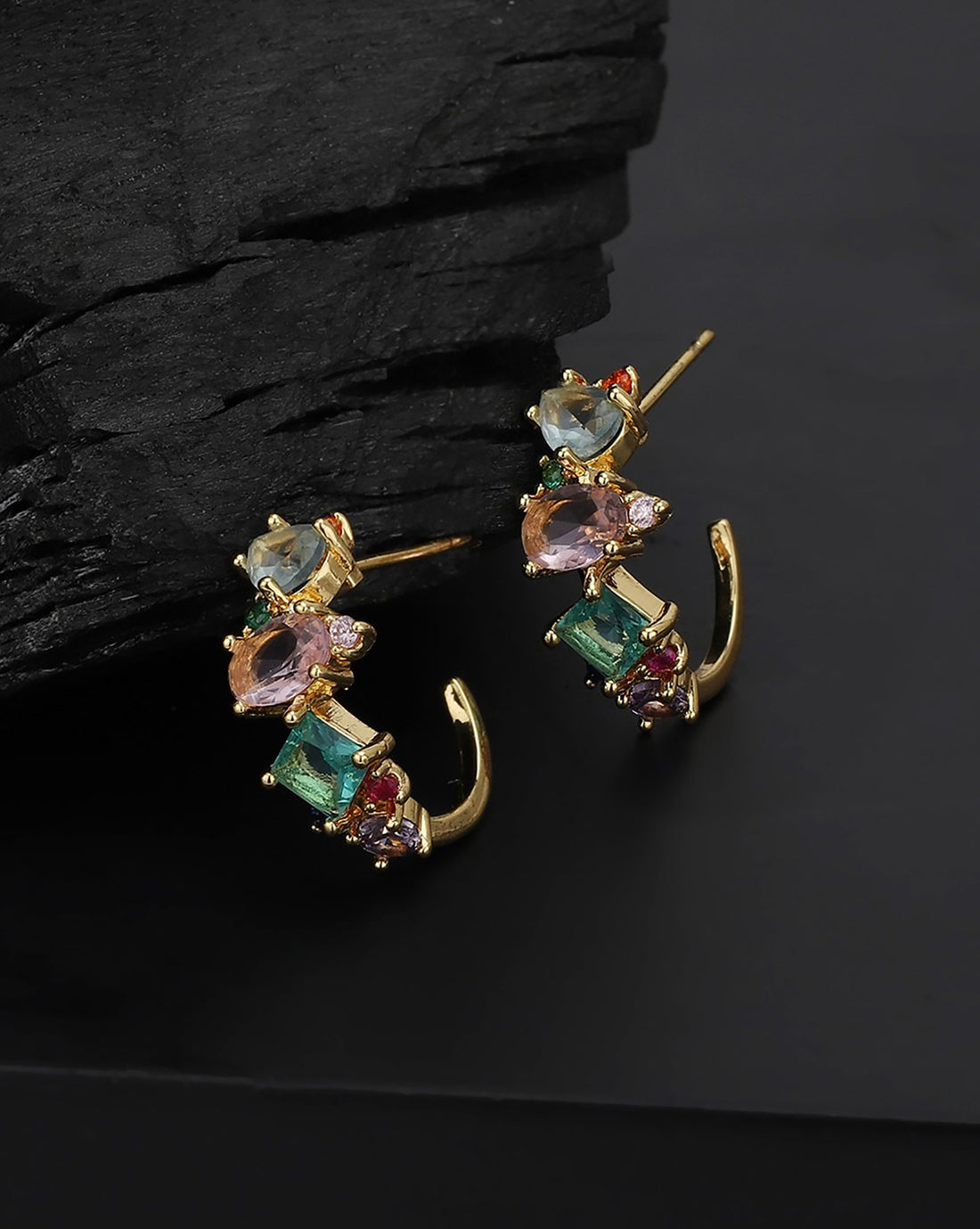 Gold Plated Multi Colour CZ Fancy Half Hoop Earring