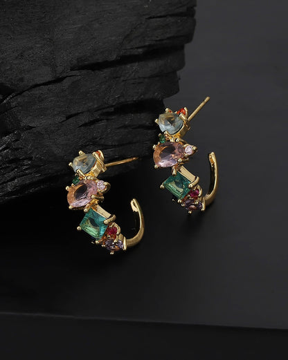Gold Plated Multi Colour CZ Fancy Half Hoop Earring