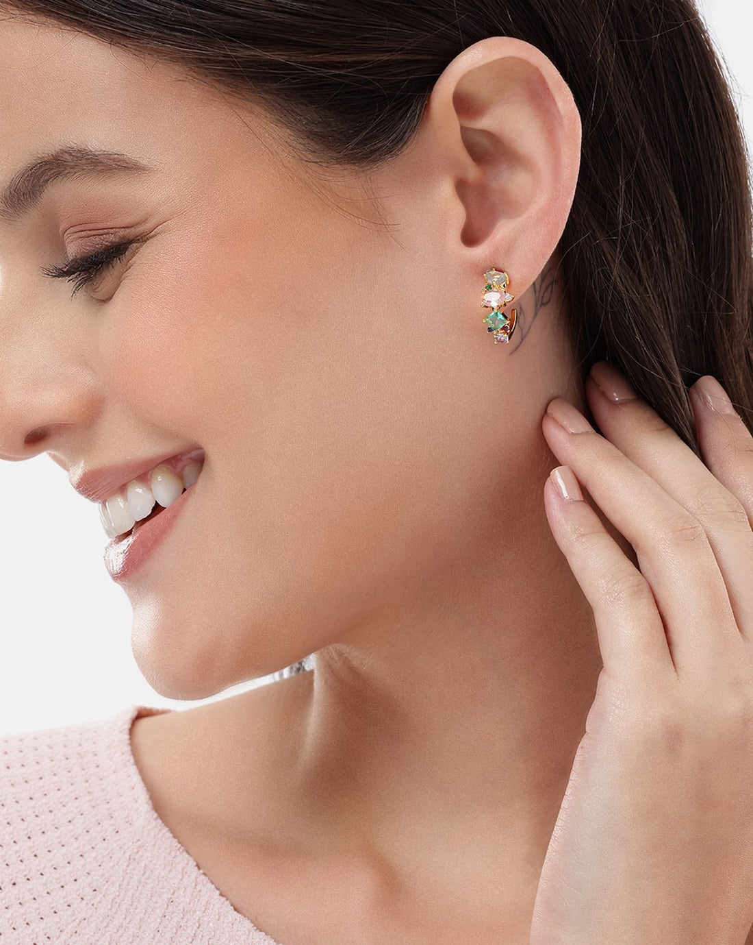 Gold Plated Multi Colour CZ Fancy Half Hoop Earring