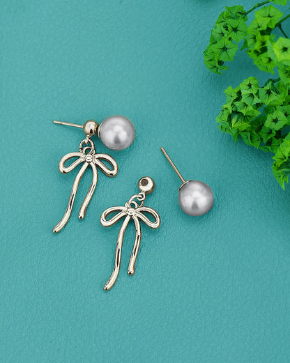 Silver Plated Grey Pearl Bow Front Back Drop Earring