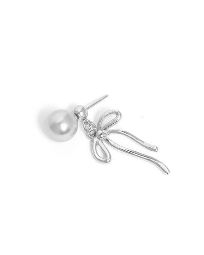 Silver Plated Grey Pearl Bow Front Back Drop Earring