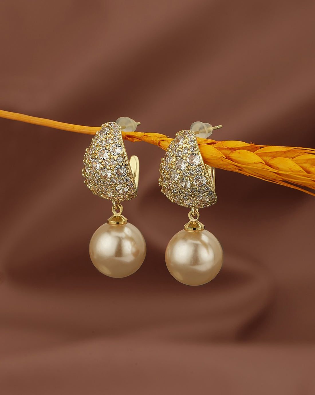 Gold Plated Dangling Pearl and CZ Contemporary Drop Earring