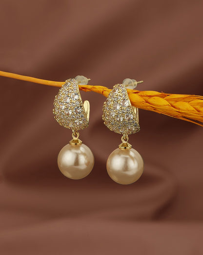 Gold Plated Dangling Pearl and CZ Contemporary Drop Earring