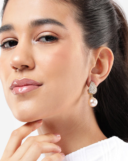 Gold Plated Dangling Pearl and CZ Contemporary Drop Earring