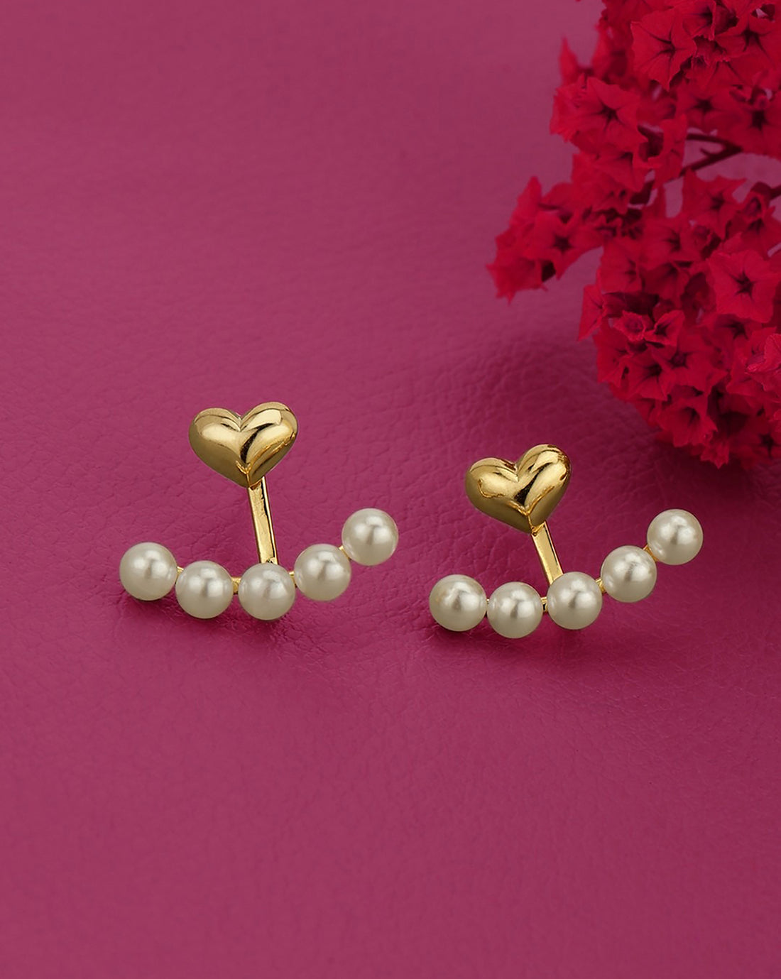 Gold Plated CZ and Pearl Fancy Heart Ear Jacket Earring