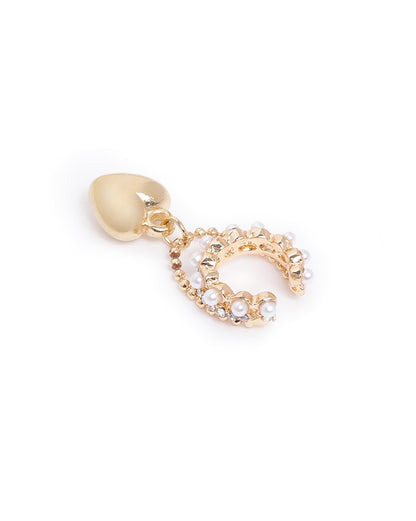 Gold Plated Pearl Dangling Heart Ear Cuff Earring