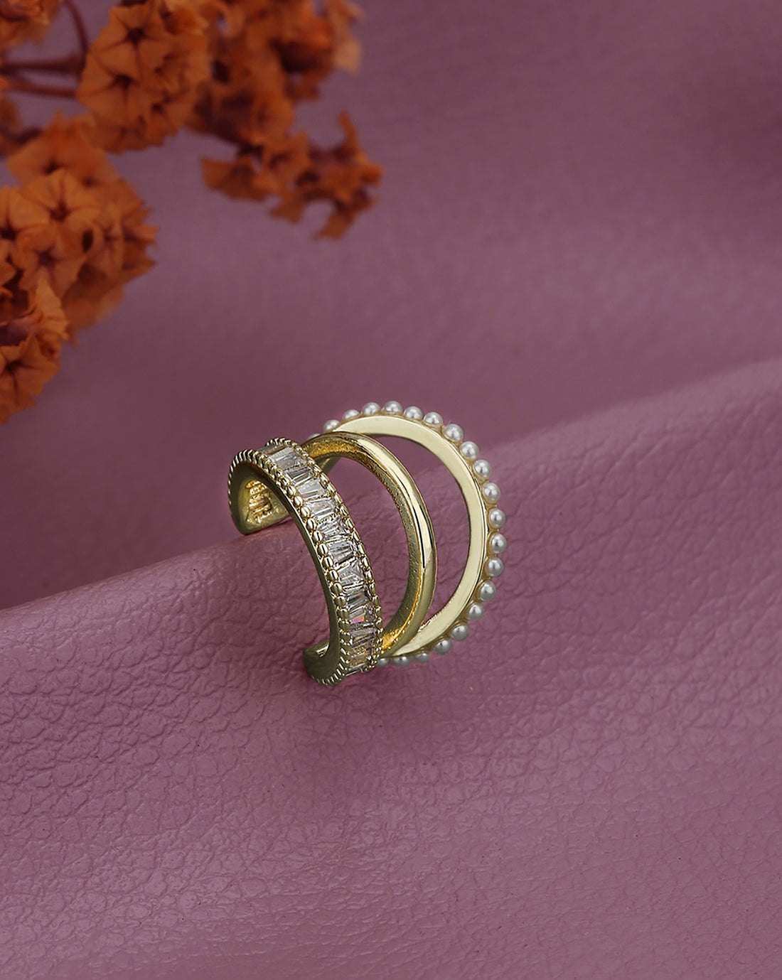 Gold Plated Pearl and CZ Fancy Ear Cuff Earring