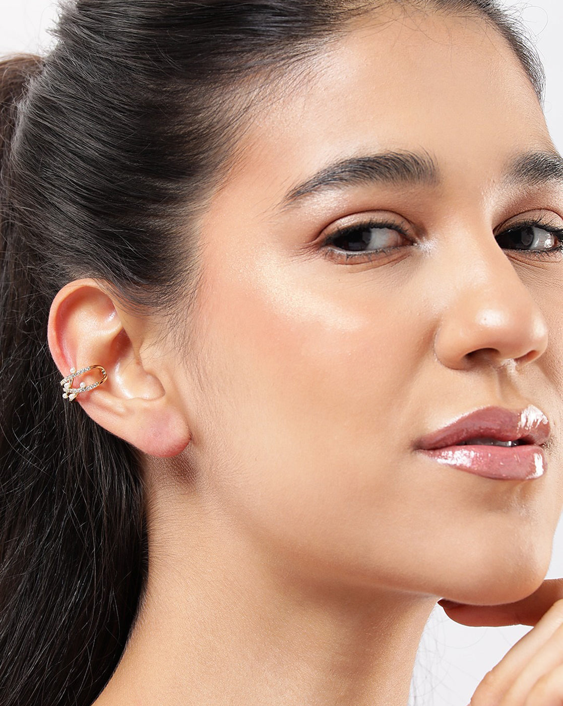 Gold Plated Pearl and CZ Fancy Ear Cuff Earring