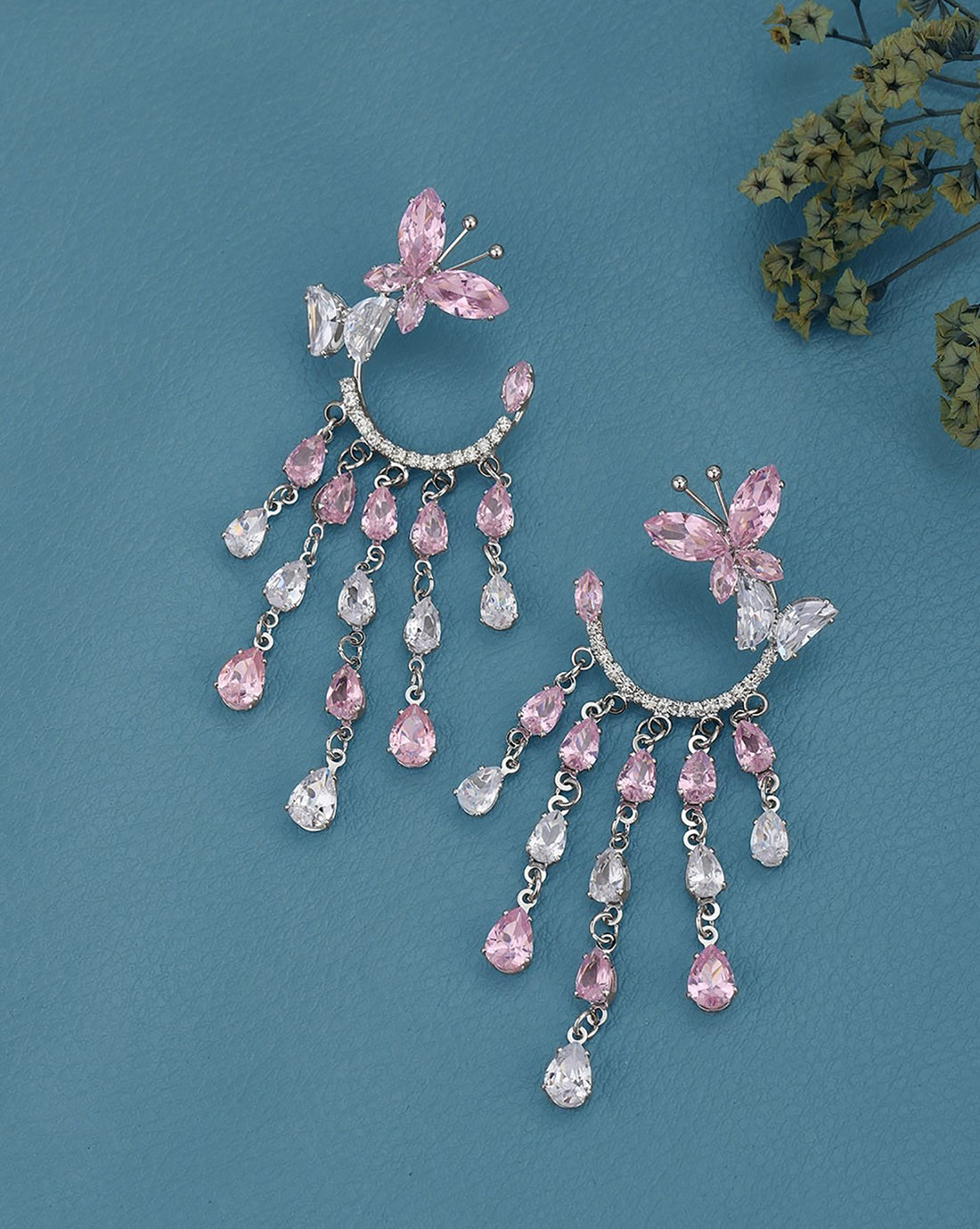 Premium Silver Plated CZ Butterfly Decorative Chandelier Earrings
