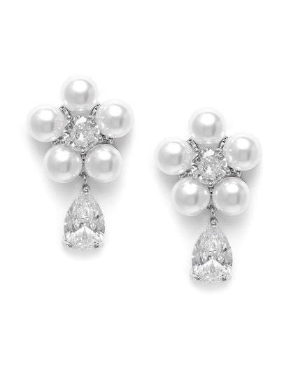 Premium Silver Plated CZ and Pearl Floral Drop Earring