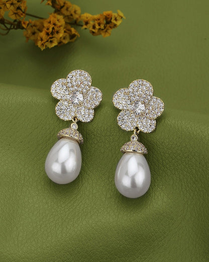 Premium Gold Plated CZ Dangling Pearl Floral Drop Earring