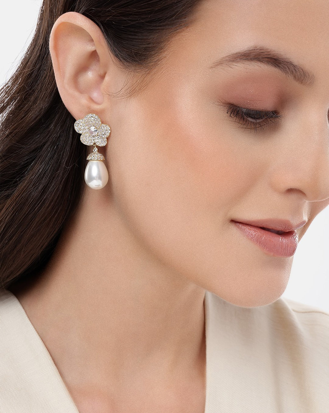 Premium Gold Plated CZ Dangling Pearl Floral Drop Earring