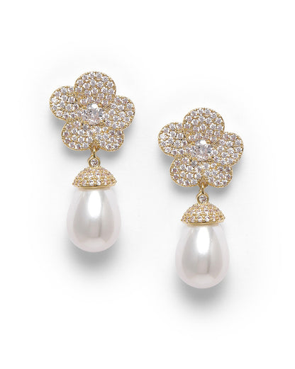 Premium Gold Plated CZ Dangling Pearl Floral Drop Earring