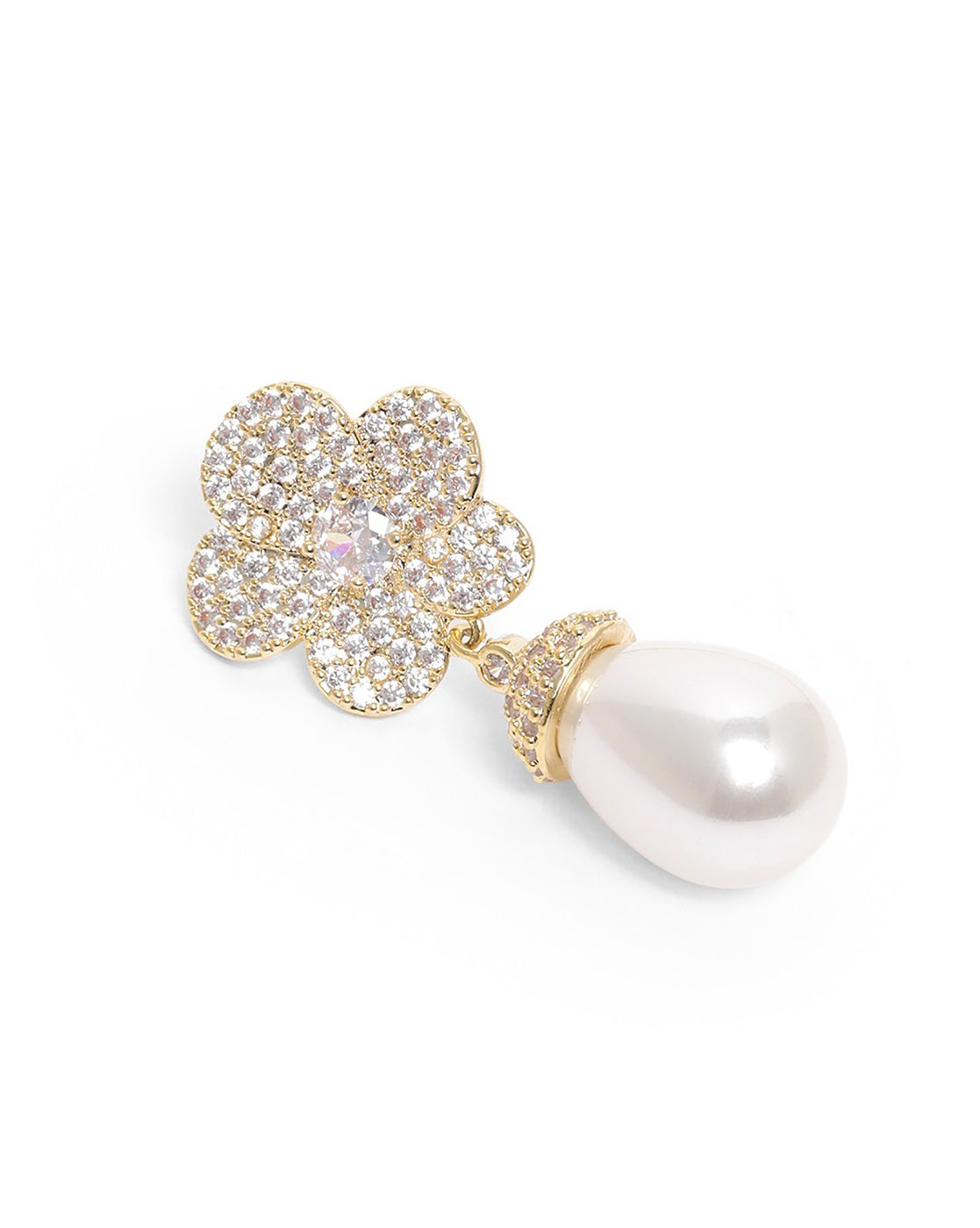 Premium Gold Plated CZ Dangling Pearl Floral Drop Earring