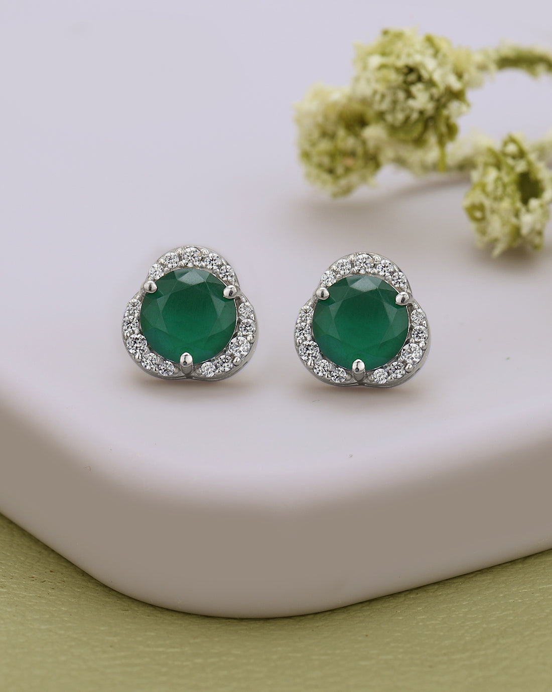 Rhodium Plated CZ Emerald Geometric Stud Earring