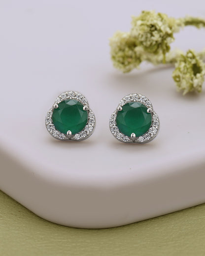 Rhodium Plated CZ Emerald Geometric Stud Earring