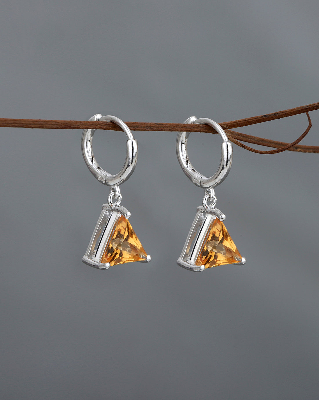 Rhodium Plated CZ Citrine Triangular Hoop Earring