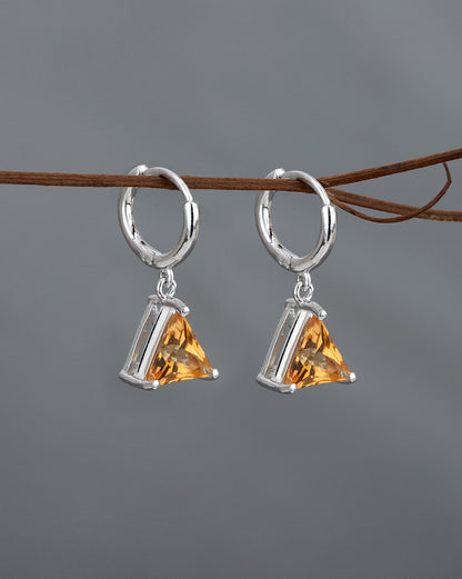 Rhodium Plated CZ Citrine Triangular Hoop Earring