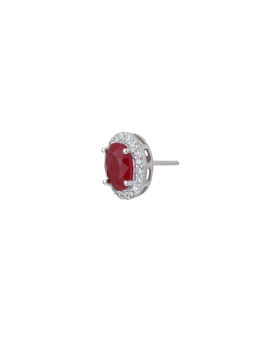 Rhodium Plated CZ Ruby Oval Stud Earring