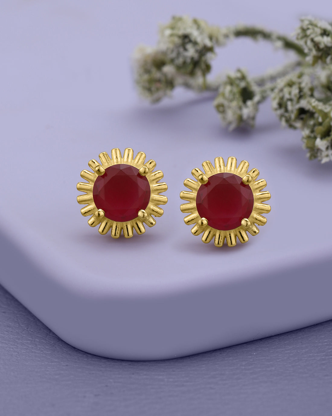 18kt Gold Plated CZ Ruby Sunflower Stud Earring