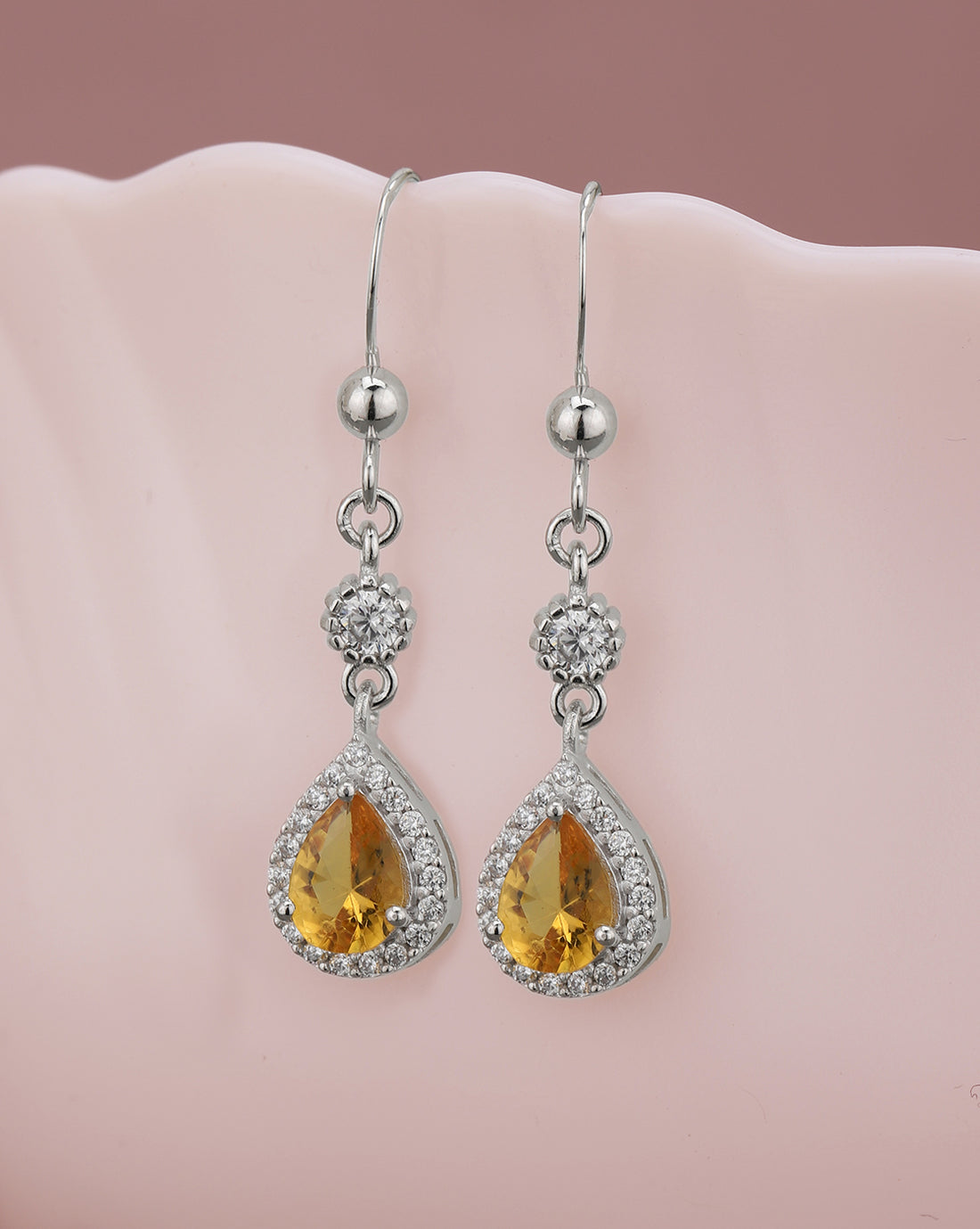 Rhodium Plated CZ Citrine Teardrop Drop Earring