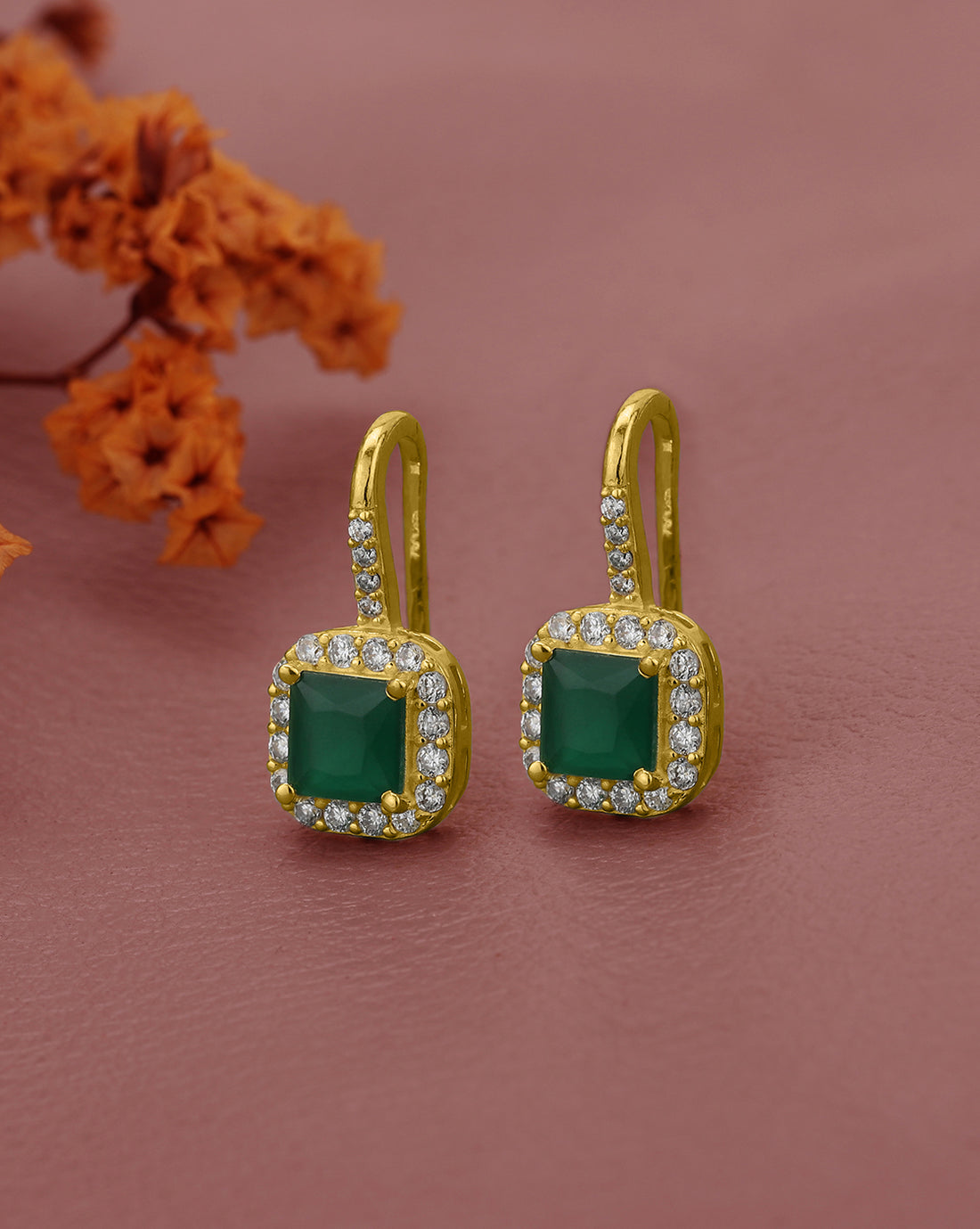 18kt Gold Plated CZ Emerald Square Drop Earring