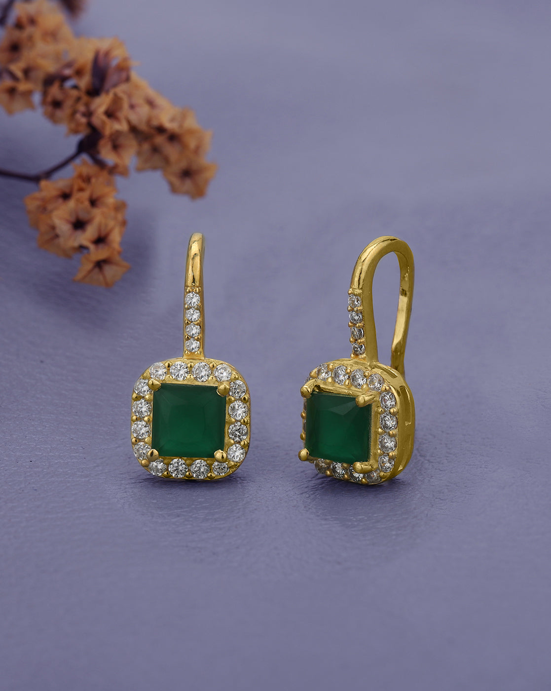 18kt Gold Plated CZ Emerald Square Drop Earring