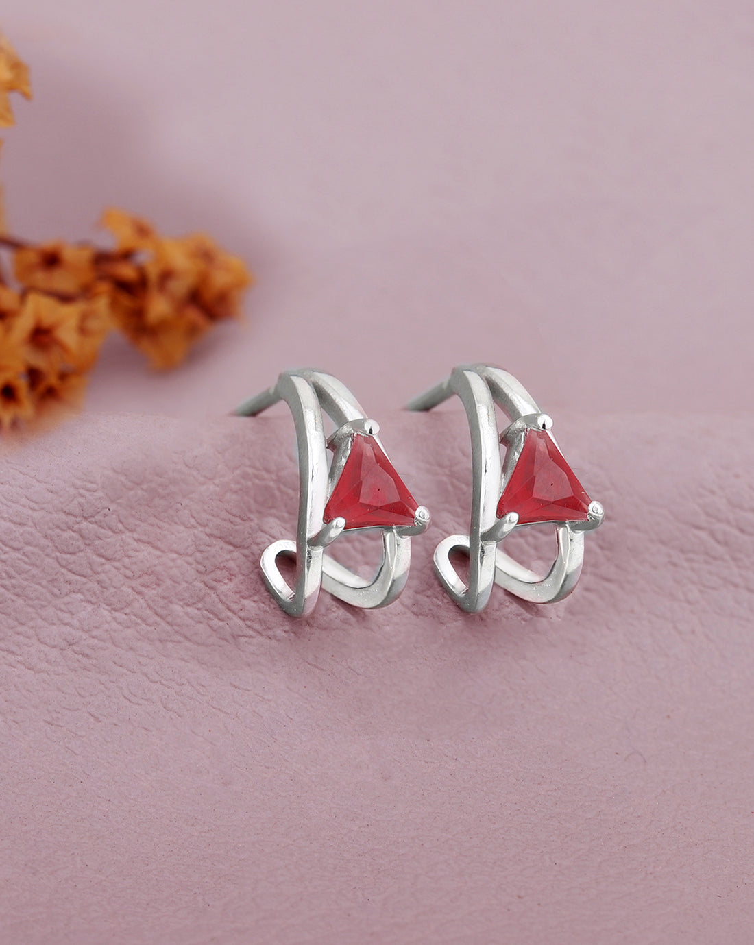 Rhodium Plated CZ Ruby Half Hoop Earring