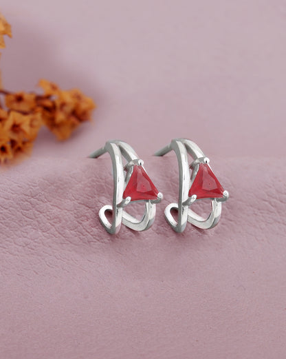 Rhodium Plated CZ Ruby Half Hoop Earring