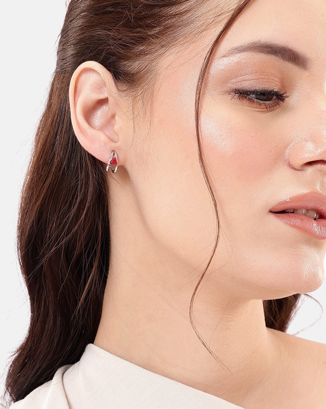 Rhodium Plated CZ Ruby Half Hoop Earring