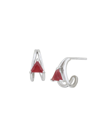 Rhodium Plated CZ Ruby Half Hoop Earring