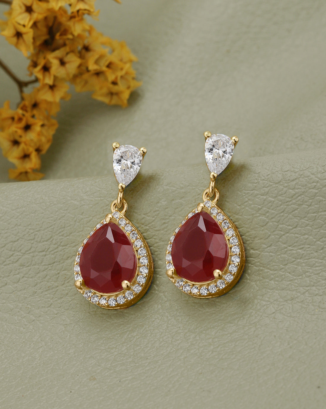 18kt Gold Plated CZ Ruby Teardrop Drop Earring