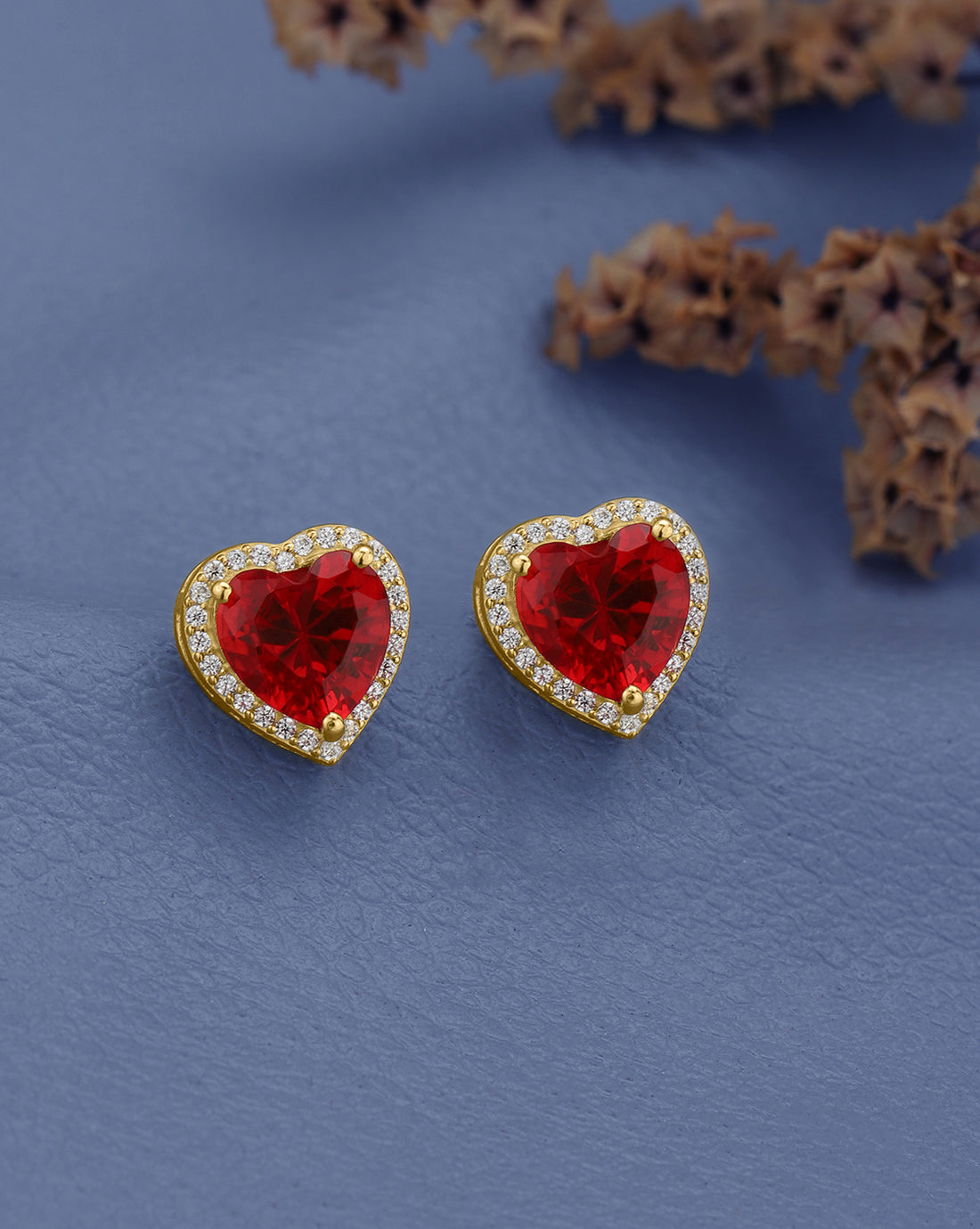 18kt Gold Plated CZ Ruby Heart Stud Earring