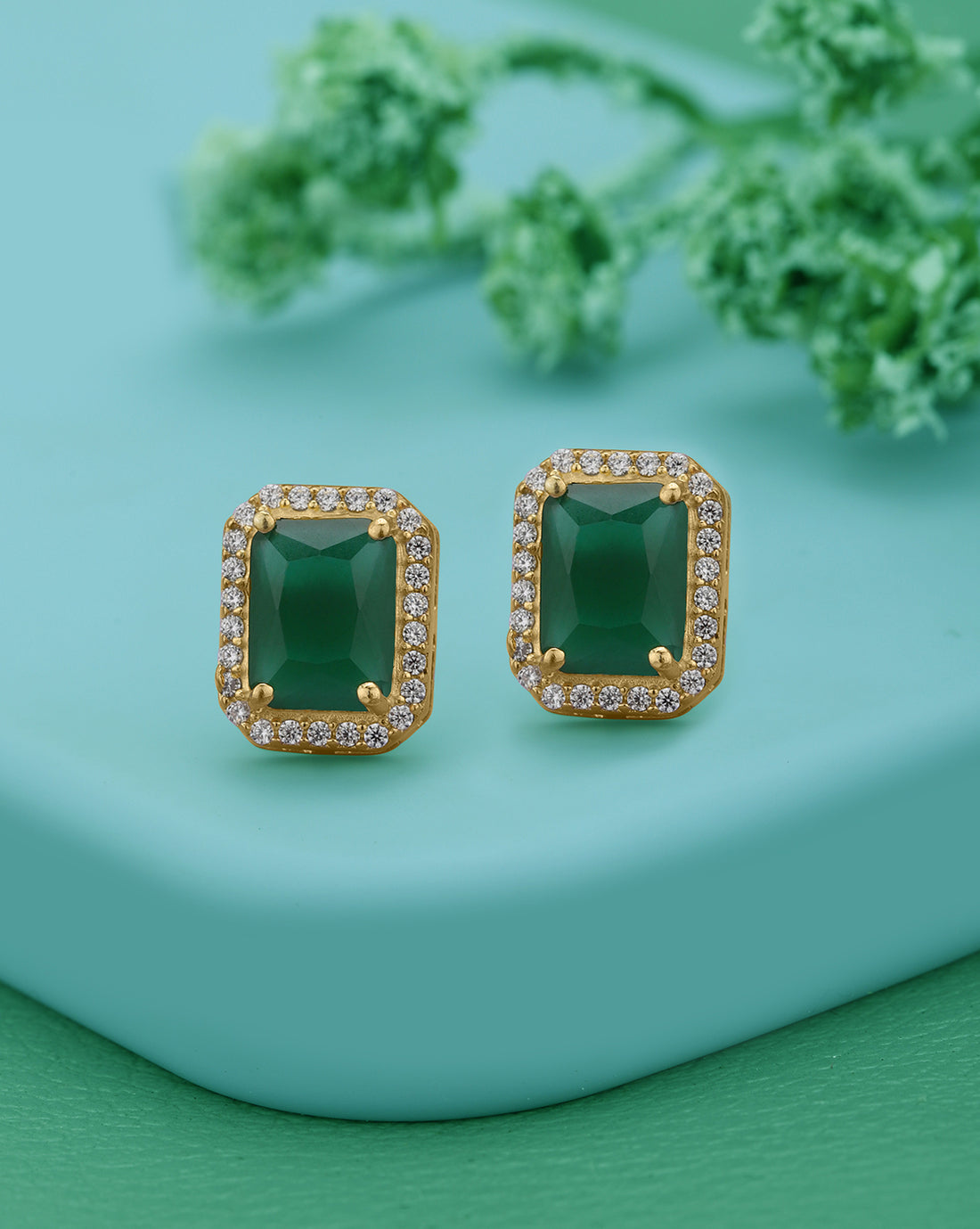 18kt Gold Plated CZ Emerald Square Stud Earring