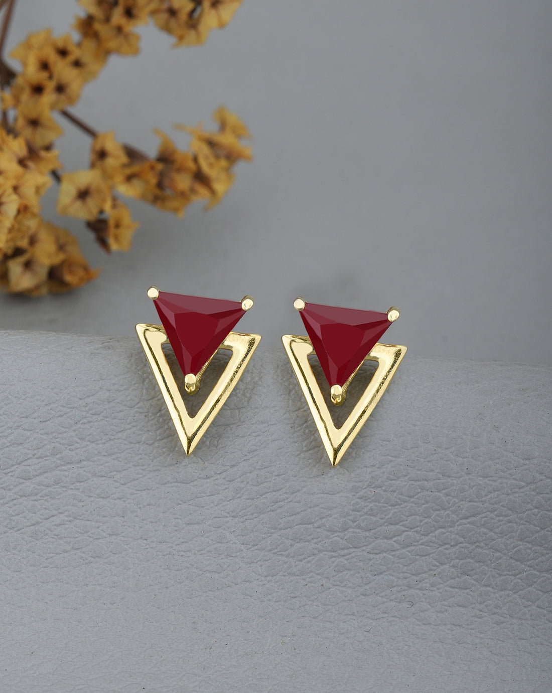 18kt Gold Plated Ruby Triangular Stud Earring
