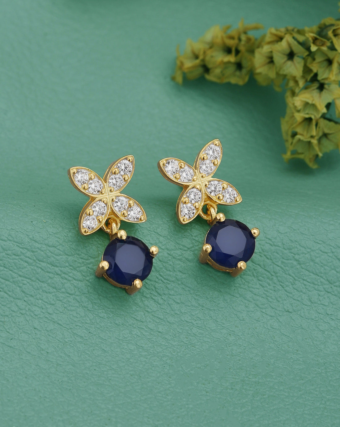 18kt Gold Plated CZ Floral Saphire Circular Drop Earring