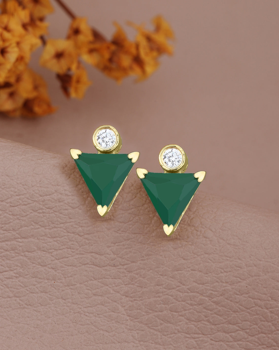 18kt Gold Plated CZ Emerald Triangular Stud Earring