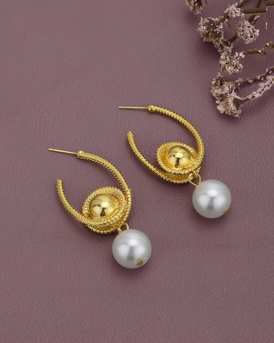 Gold Plated Dangling Pearl Contemporary Drop Earring