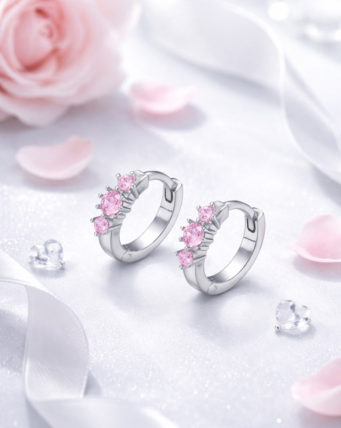 Rhodium Plated Pink CZ Studded Mini Hoop Earring