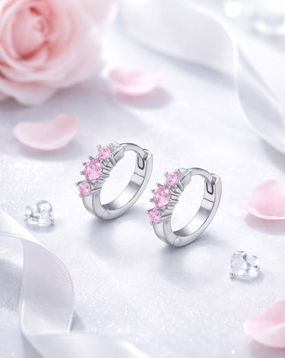 Rhodium Plated Pink CZ Studded Mini Hoop Earring