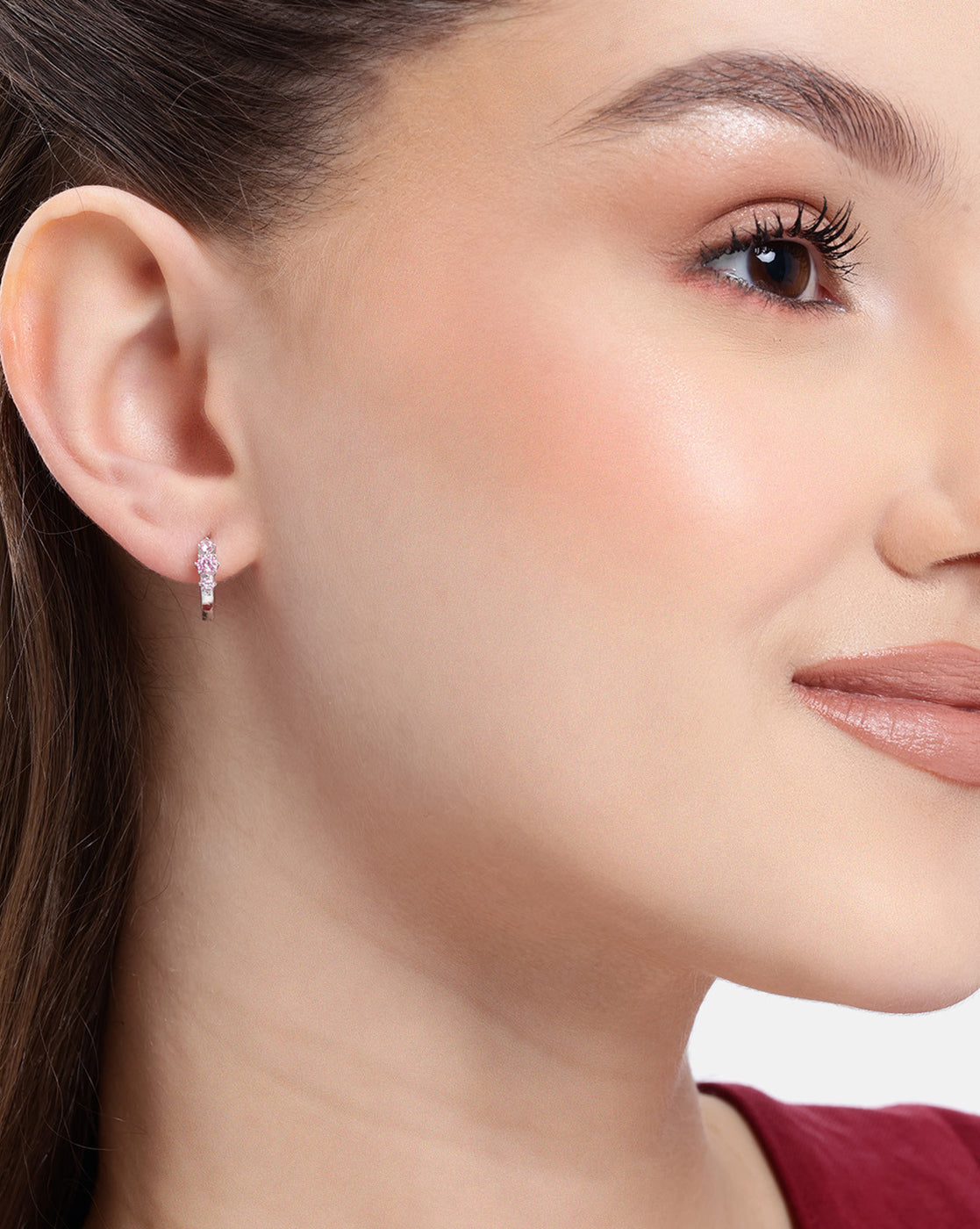 Rhodium Plated Pink CZ Studded Mini Hoop Earring