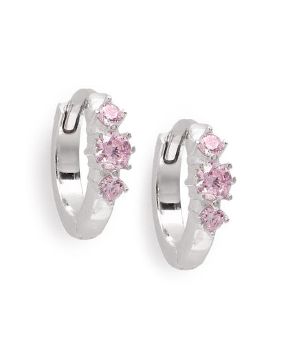 Rhodium Plated Pink CZ Studded Mini Hoop Earring