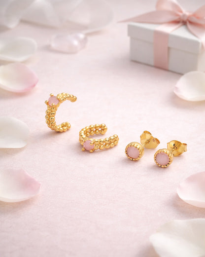 Set of 2 18kt Gold Plated Rose Quartz Studded Earring