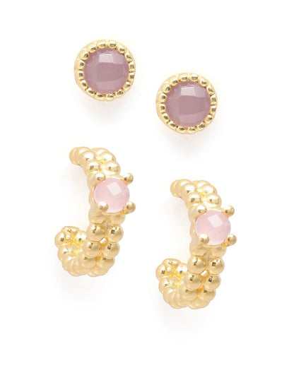 Set of 2 18kt Gold Plated Rose Quartz Studded Earring