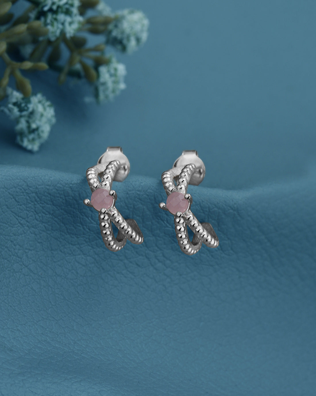 Rhodium Plated Pink Quartz Studded Half Hoop Earriing