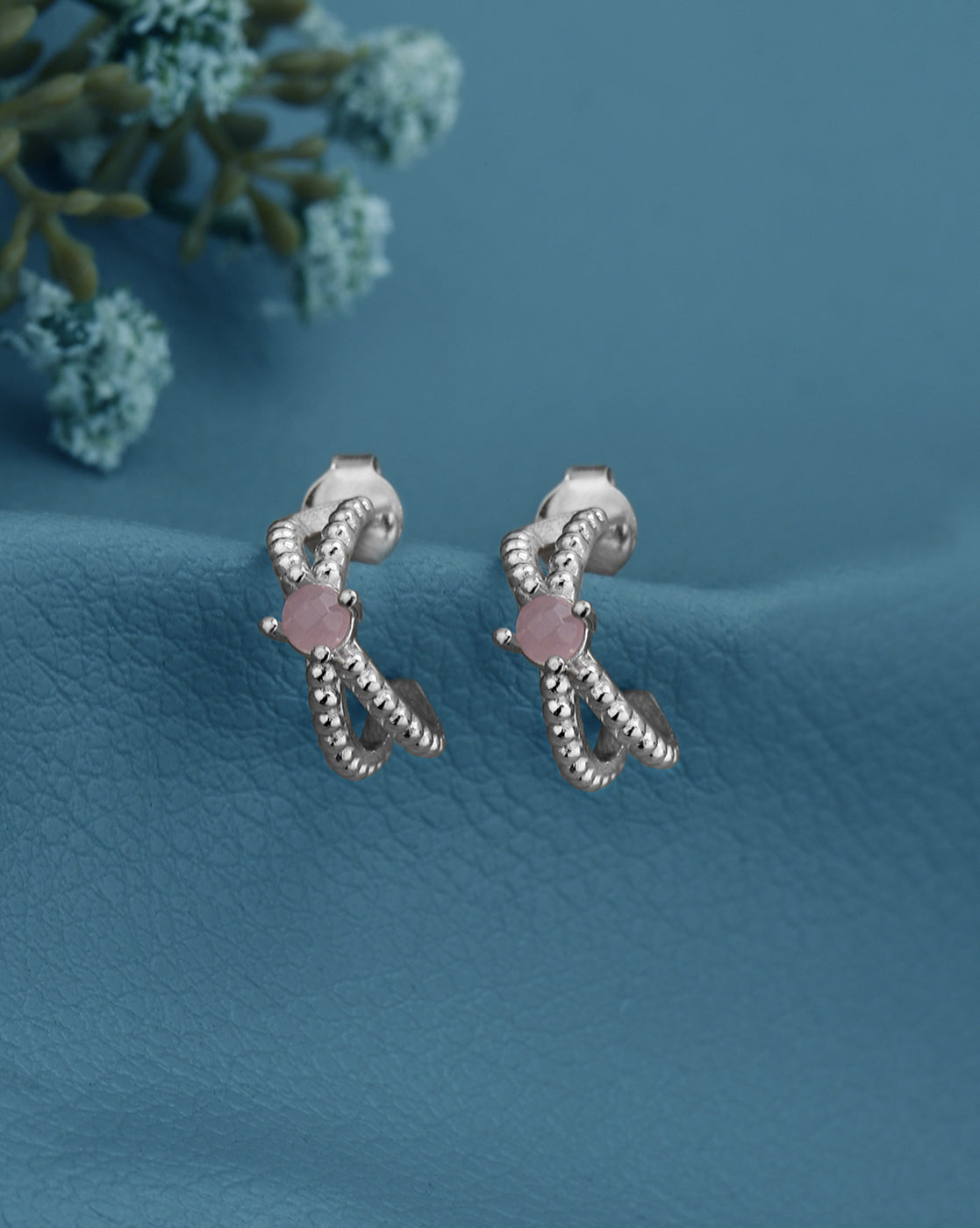 Rhodium Plated Pink Quartz Studded Half Hoop Earriing