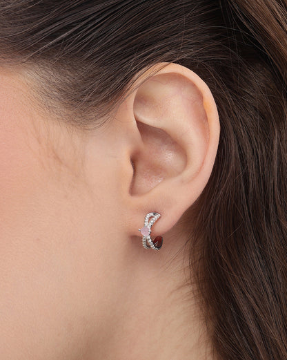 Rhodium Plated Pink Quartz Studded Half Hoop Earriing