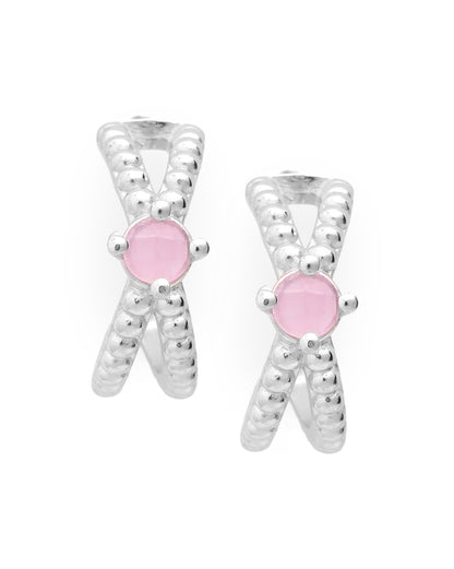 Rhodium Plated Pink Quartz Studded Half Hoop Earriing