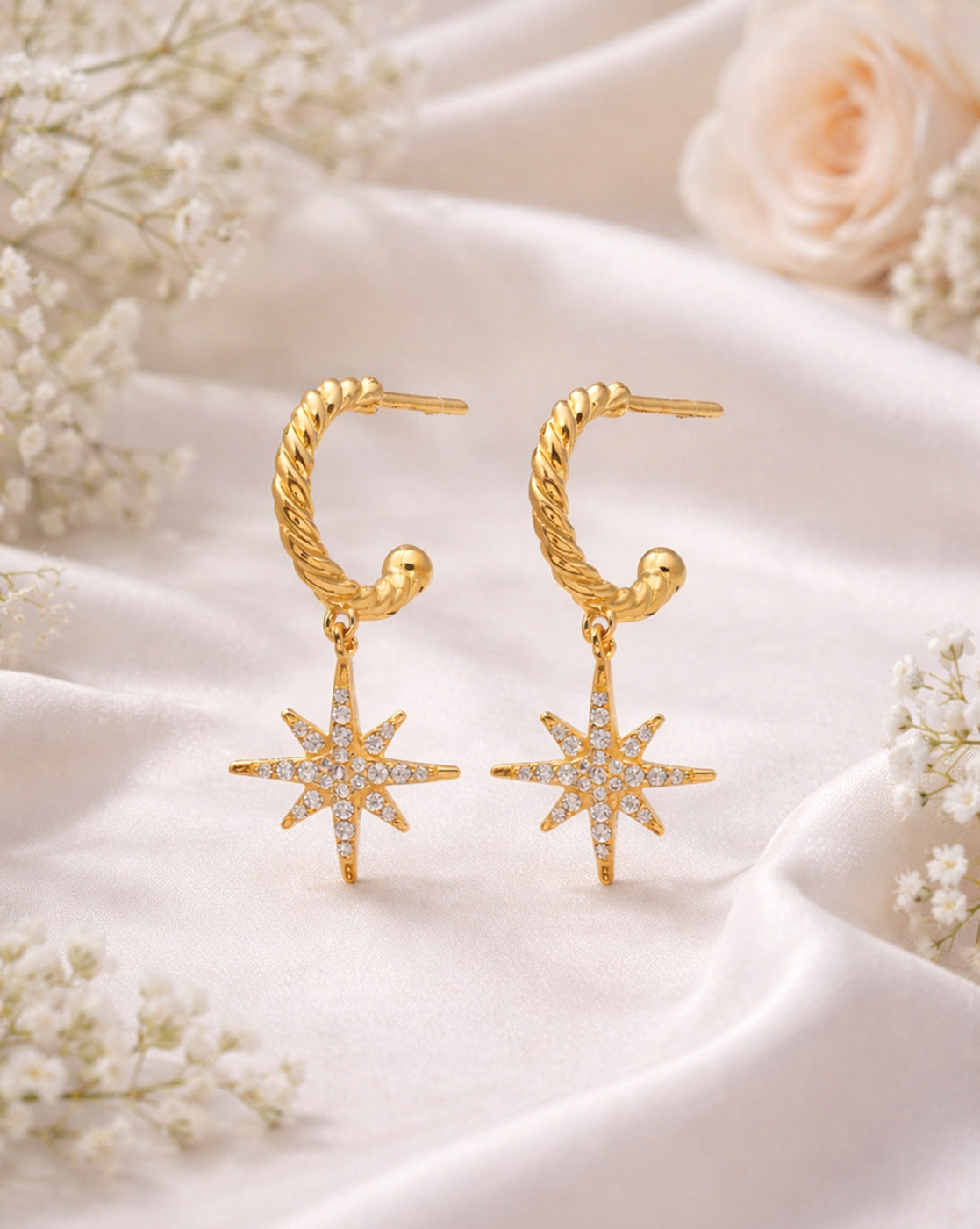 18kt Gold Plated CZ Dangling Star Half Hoop Earring