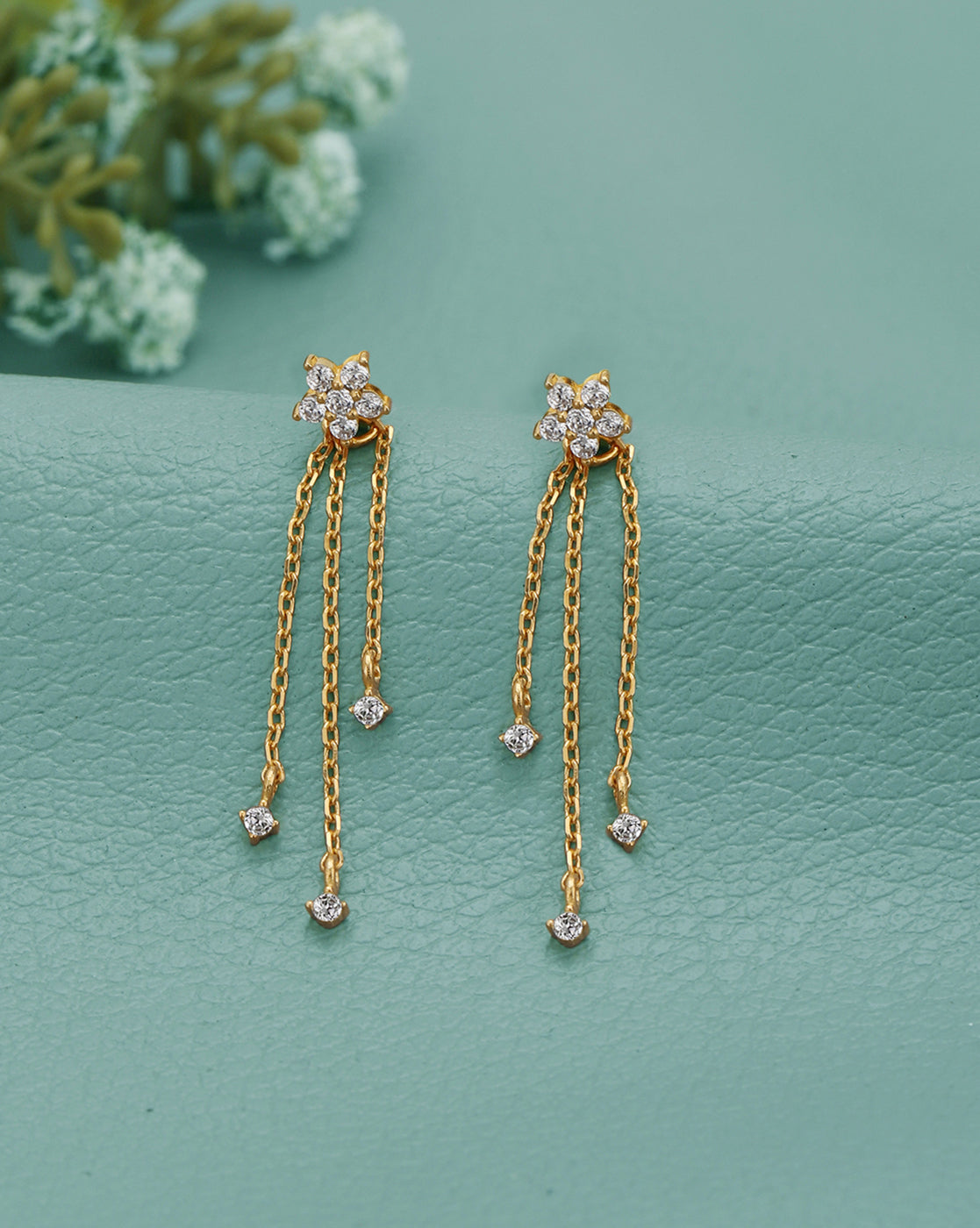 18kt Gold Plated Dangling CZ and Chain Floral Drop Earring